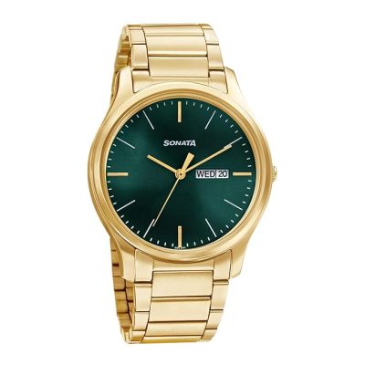 Forest Green Dial Gold Stainless Steel Strap Watch for Men
