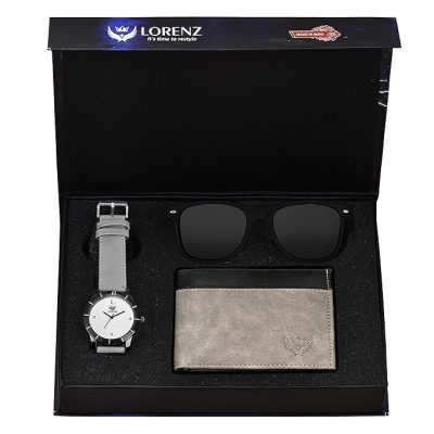 LORENZ Analog Men Gift Box Combo Set of Grey Dial Watch, Wallet & Black Sunglasses