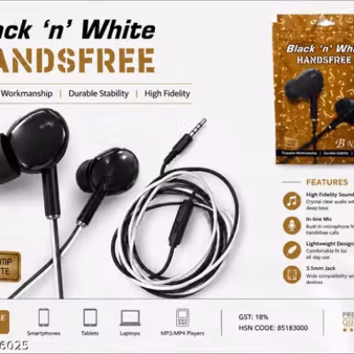 Premium Black & White Wired Handsfree Earphones with Mic