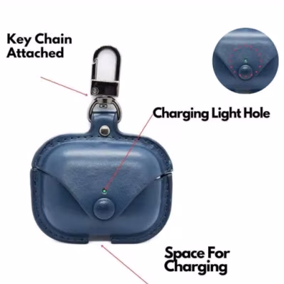 Navy Blue Leather AirPods Case with Metal Keychain Clip