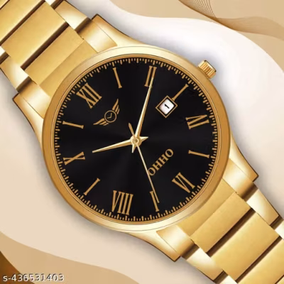 OHHO Royal Luxury Design Men’s Watches Black Dial & Long Life Gold Plated Stainless Steel Belt Analog Watch – For Men